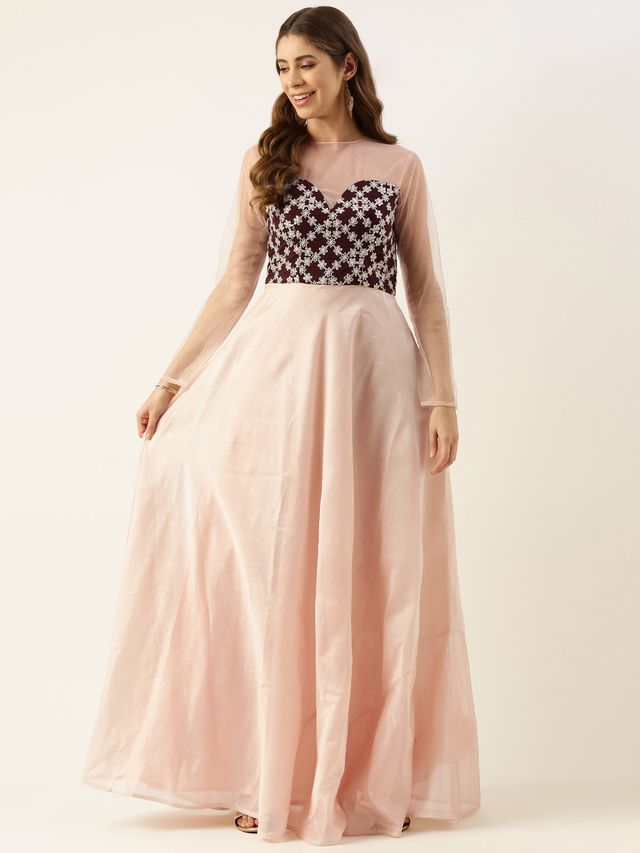 Bollywood Vogue Ready To Wear Peach N Dark Wine Muslin Sequins Embroidered Gown