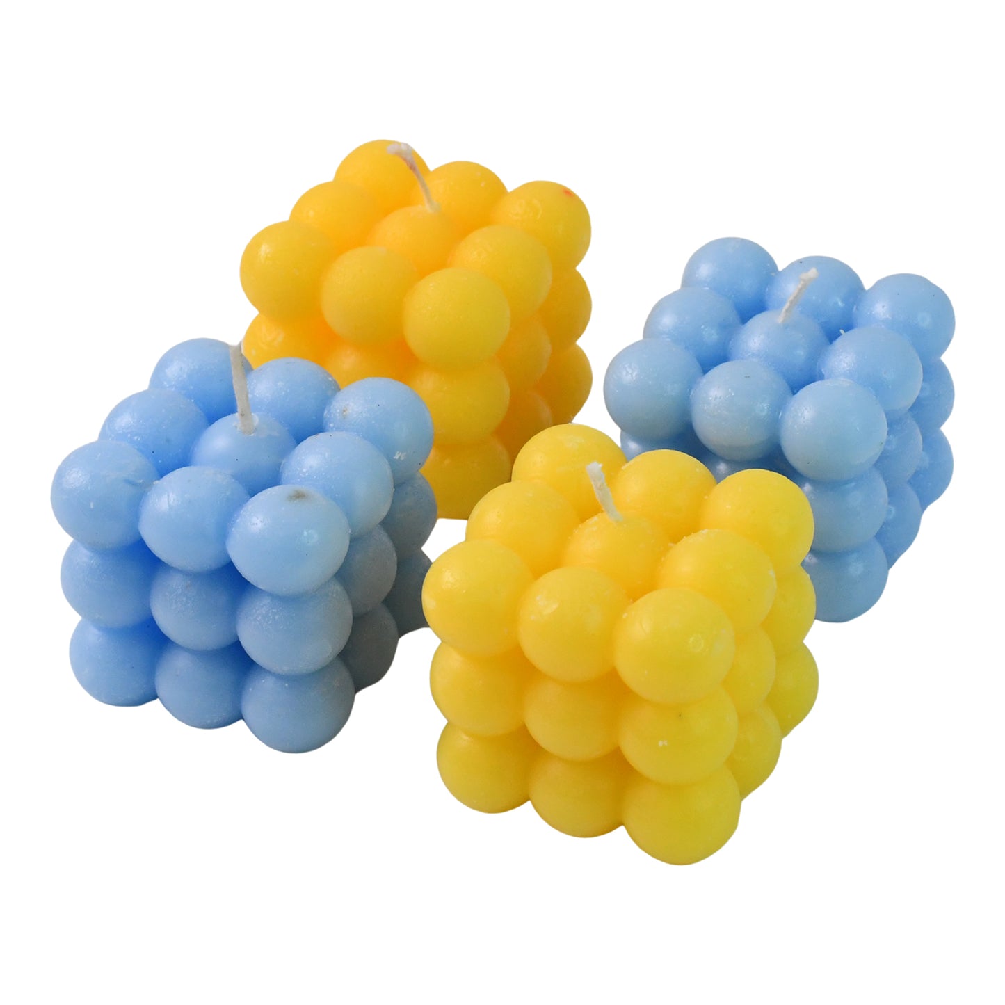 Set of 4 Colorful Cube Shaped Wax Candles – Decorative Ball Candles in Blue and Yellow for Home and Festival Decoration