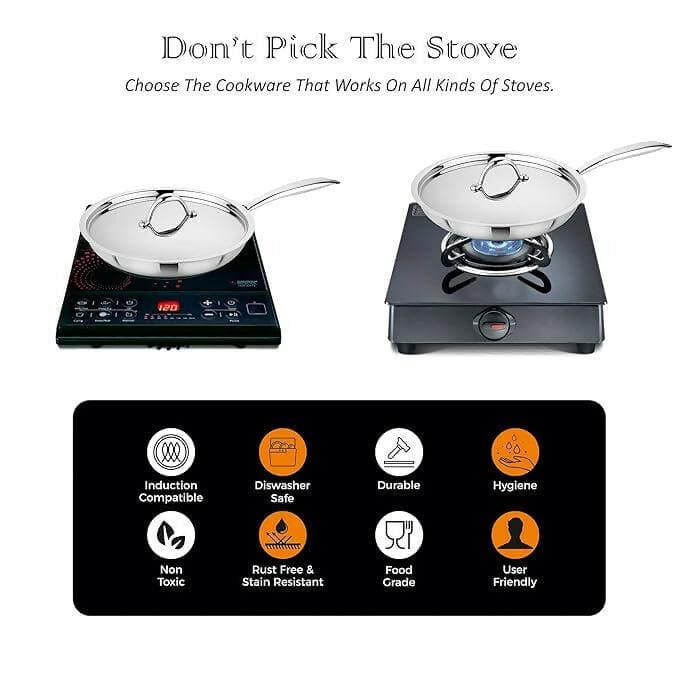 Chef Tone Tri-ply Stainless Steel Induction Compatible Fry Pan with Steel - HalfPe