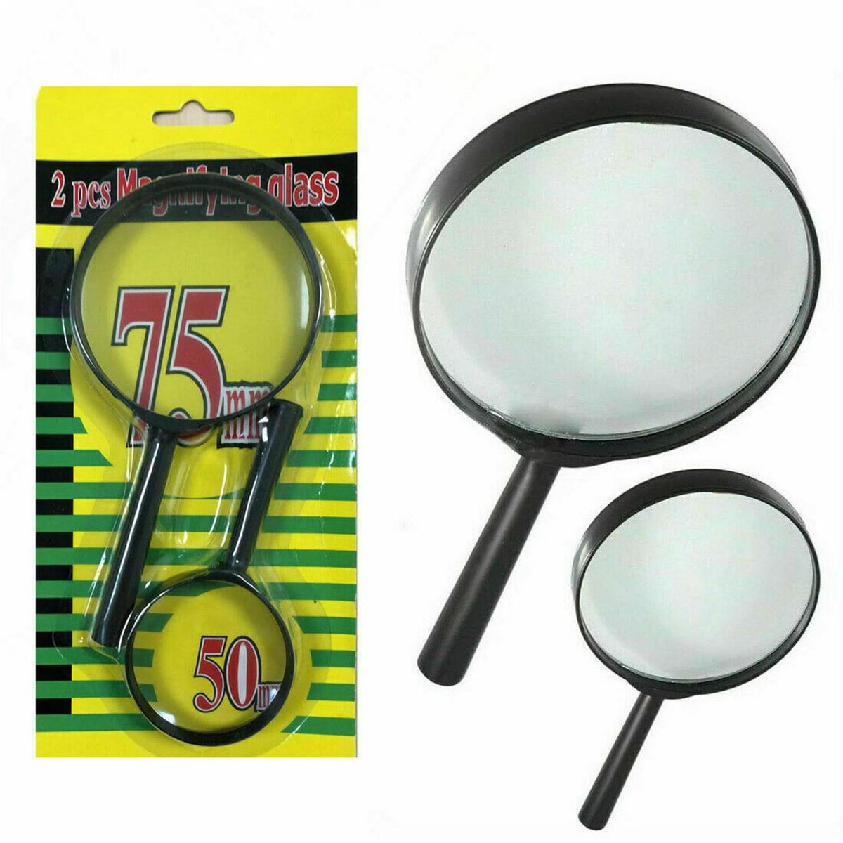 Magnifying Glass Lens Set – 2pcs Real Glass, Breakage-Proof, Reading Aid (75mm & 50mm) HP DD