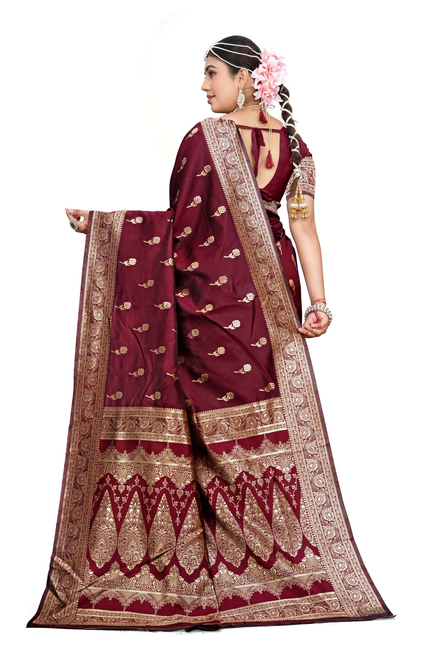AXONIT Majestic Maroon Premium Jacquard Silk Saree with Golden Zari Work