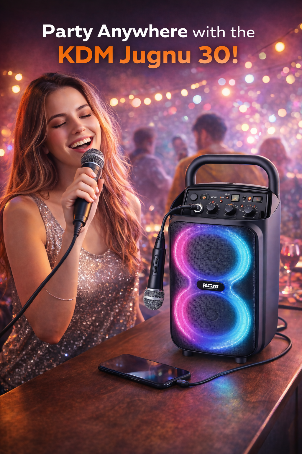 KDM 30 Jugnu Portable Bluetooth Speaker with Wired Mic – 10W Output, Bluetooth 5.4, 7H Playtime, TWS Stereo, FM/TF/USB/AUX, Type-C Charging (Multicolour) Dreams Gadgets