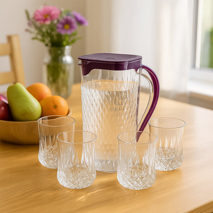 Supermom ROMA 5-Piece Diamond-Cut Plastic Jug with 4 Glasses Combo Set – 1500 ML Pitcher and 4 x 300 ML Tumblers (5 Pc)