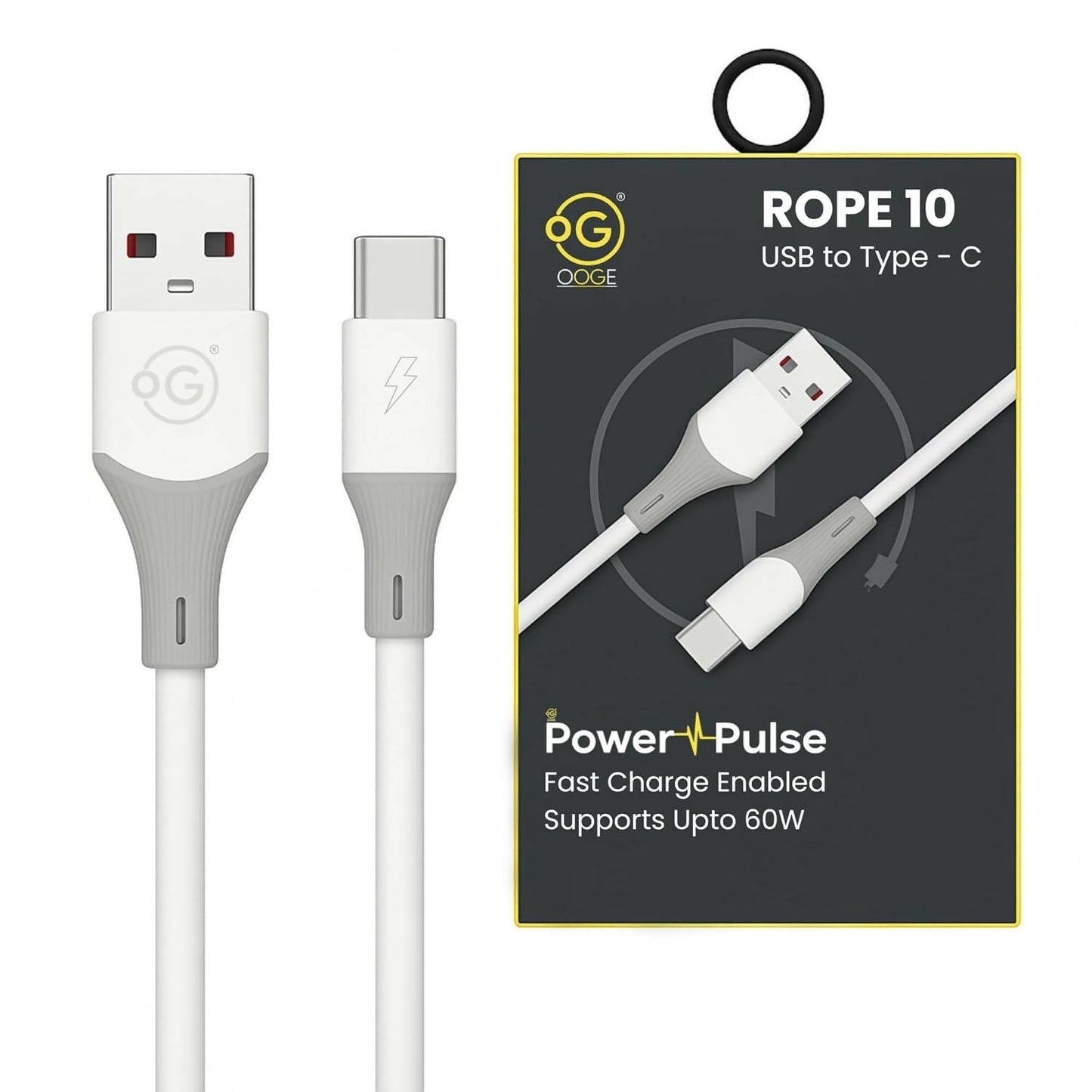 OOGE Rope 10 USB to Type-C Fast Charging Cable 60W PowerPulse 1 Meter High-Speed Data & Charging Durable Tangle-Resistant Design - White LUCKY MOBILES & ELECTRONICS