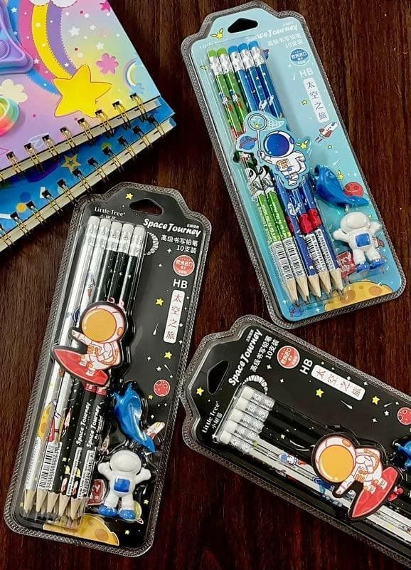 Space Theme Pencils Set With Eraser And Pencil Grip (Pack Of 3) - HalfPe