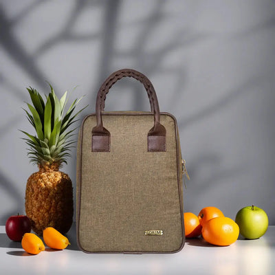 LOREM Khaki Linen Textured Insulated Tiffin Bag/Lunch Bag for Men & Women - TB03 LOREM