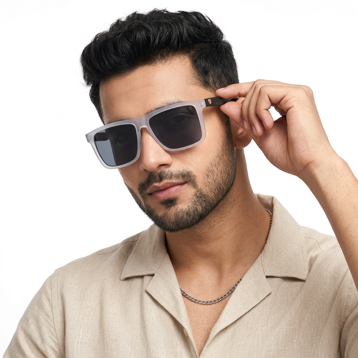 Eyejack Grey Wayfarer Sunglasses for Men and Women - Style 1070 - worn by a male model (image 1)