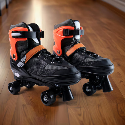 Adjustable Quad Roller Skates for Kids –with XL Size Outdoor Skating Shoes with PU Wheels, Toe Stop Brake & Safety Strap