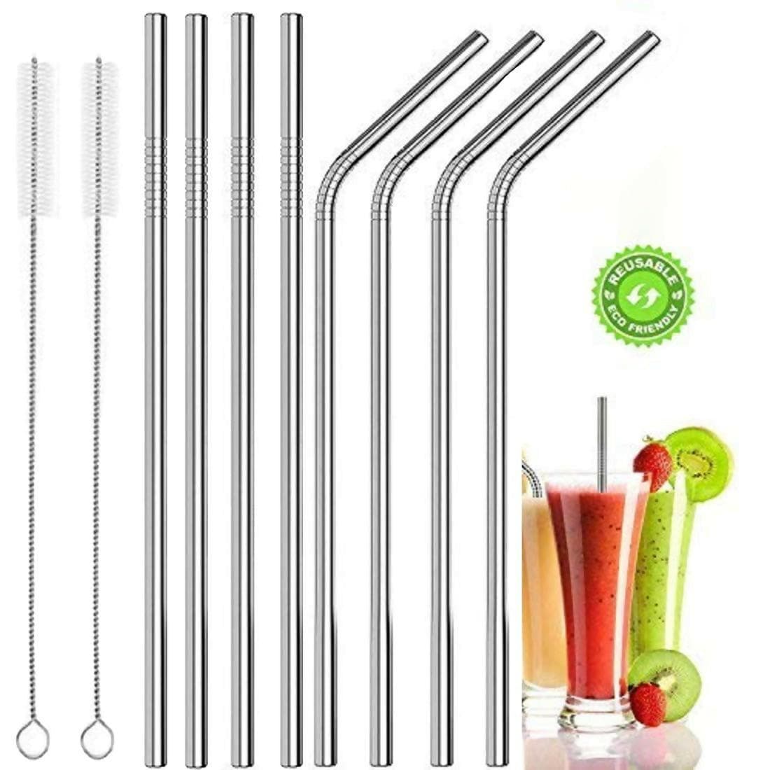 Stainless Steel Straws Set with Cleaning Brushes Bent Reusable Metal Straws (Pack of 8) - HalfPe