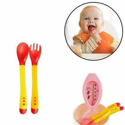 Safe-O-Kid Heat Sensitive 1 Spoon and 1 Fork Set, with Silicone tip (Red and Yellow) - HalfPe