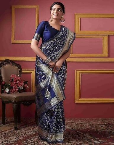 AXONIT Soft Silk Saree with Golden Zari Floral & Peacock Weaving