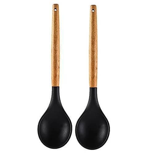 P-Plus International Wooden Handles BPA Free Non Toxic Silicone Turner Spatula Spoon (Black – Pack of 2) - HalfPe