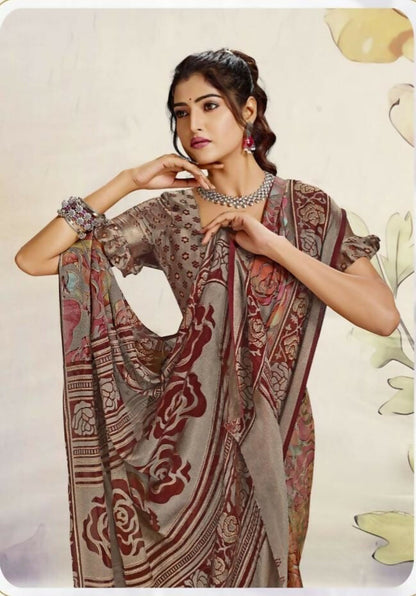 Elegant Floral Printed Synthetic Brasso Saree with Designer Border Kalyani silks and sarees