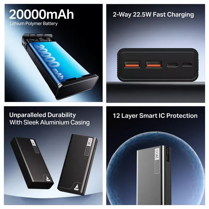 boAt Energyshroom PB400 Powerbank with 20000mAh battery capacity with Smart IC protection(Carbon Black)