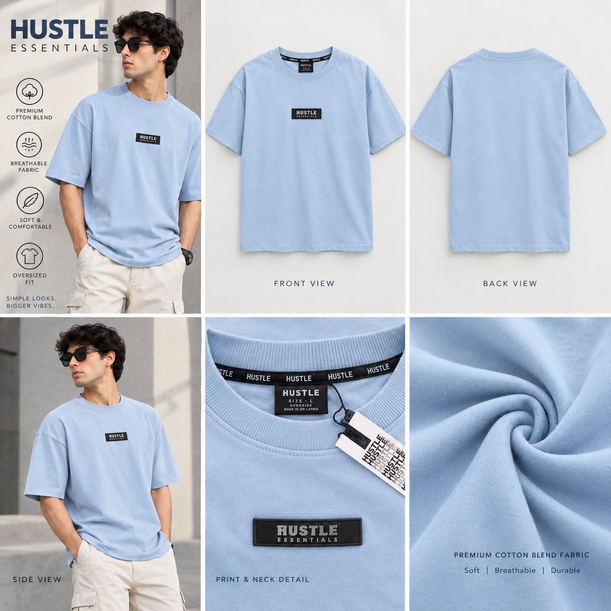Men's Hustle Essentials Oversized Light Sky Blue T-Shirt | Relaxed Fit Casual Tee