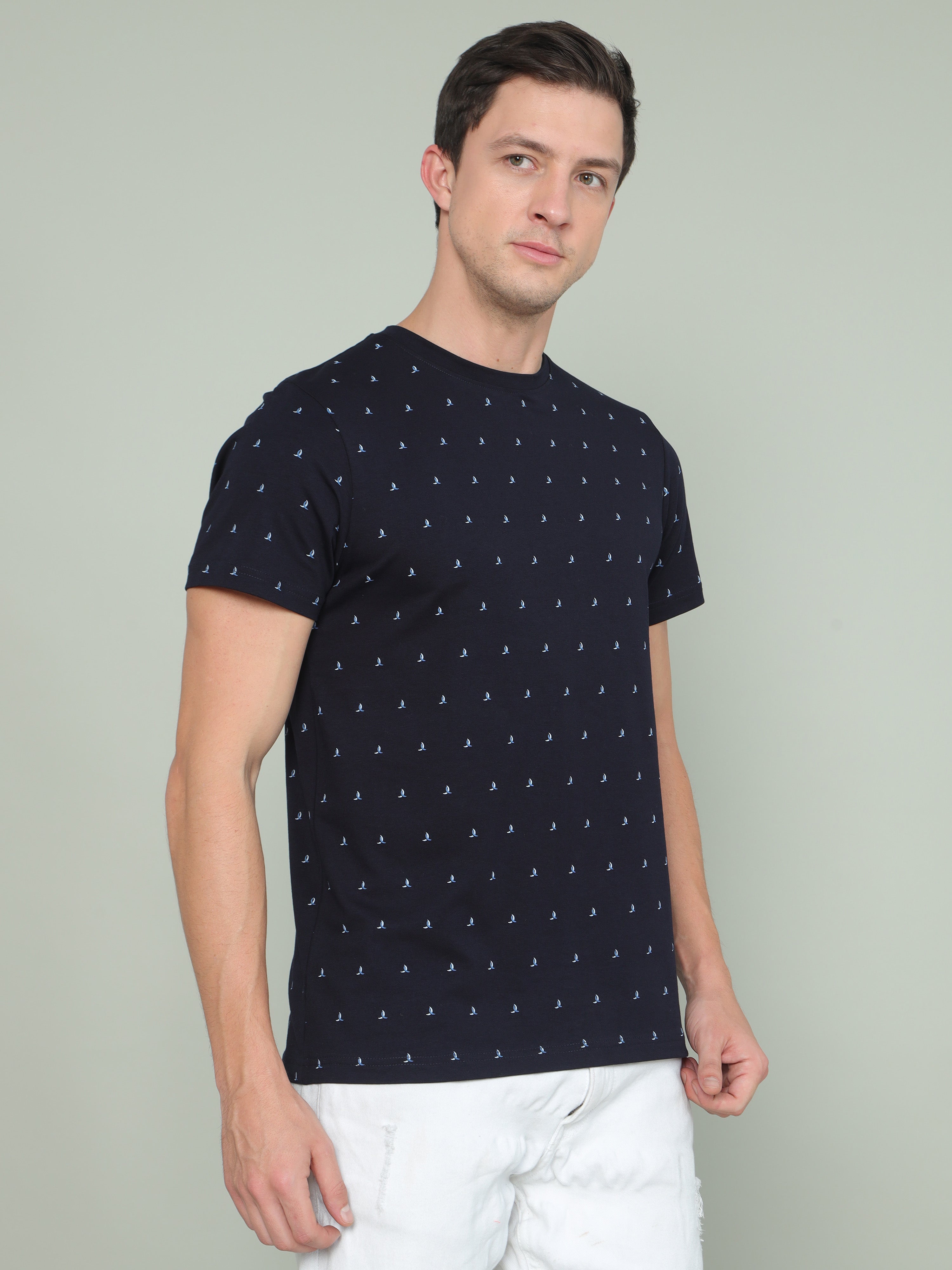 Men's Blue Regular Fit Printed Half Sleeves Crew Neck T-Shirt