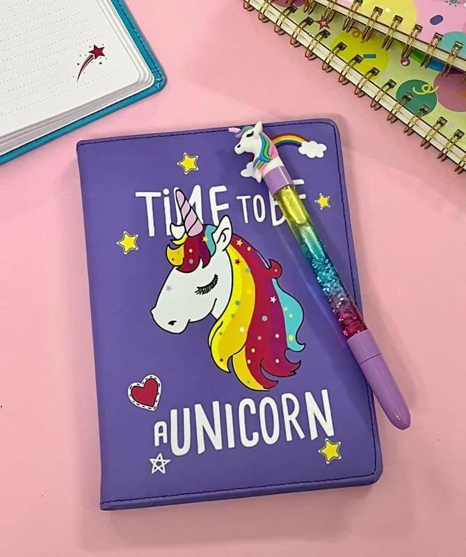 Unicorn Premium Luxury Diary With Water Glitter Lava Pen (Random Color) - HalfPe