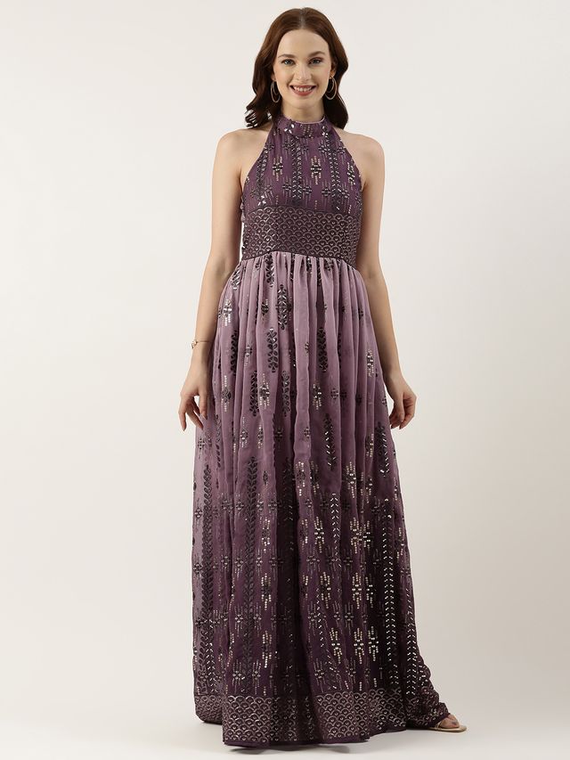 Bollywood Vogue Ready To Wear Purple Georgette Embroidered Halter Neck Gown