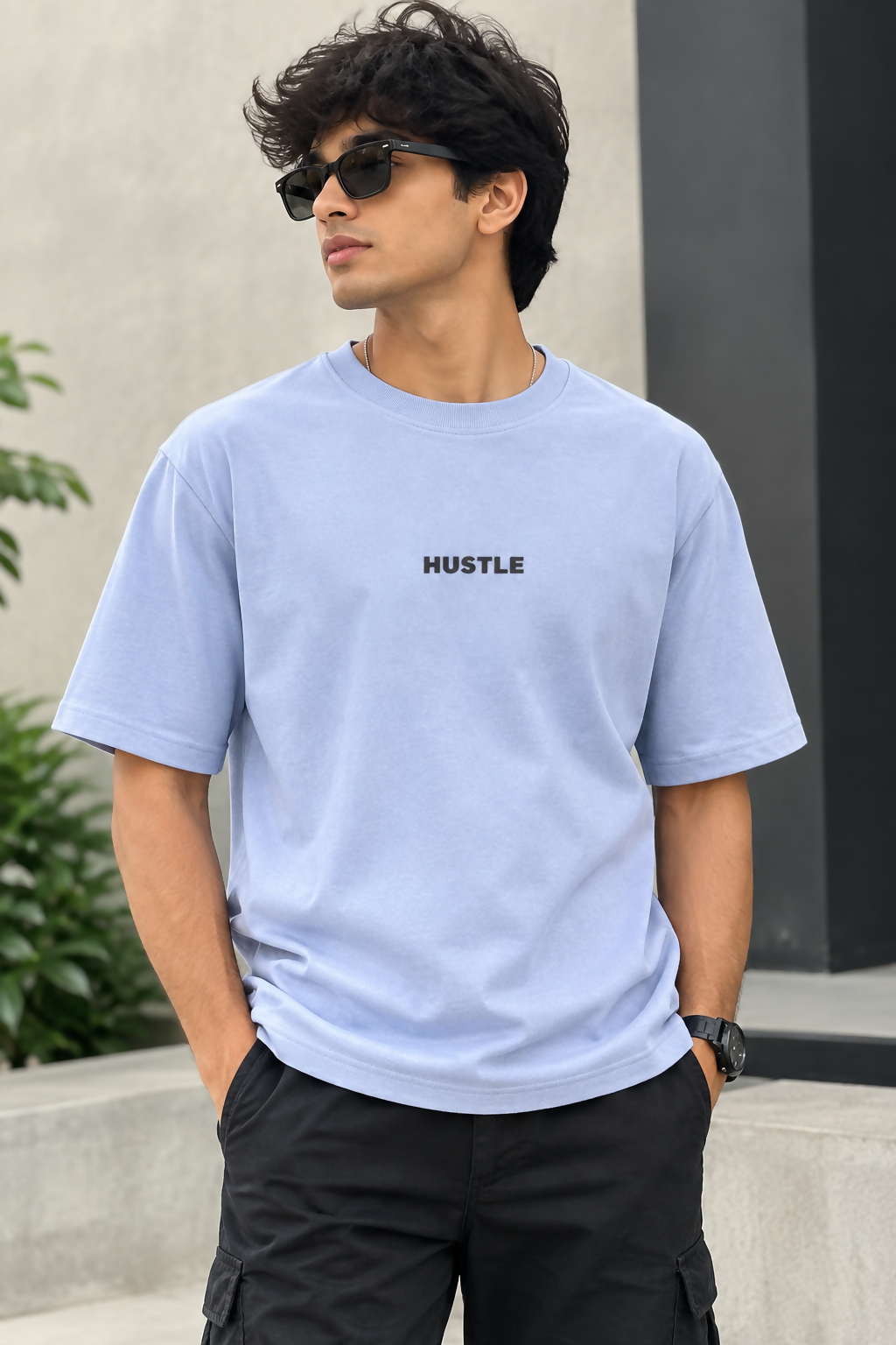 Men's Hustle Essentials Oversized Light Sky Blue T-Shirt  Relaxed Fit Casual Tee