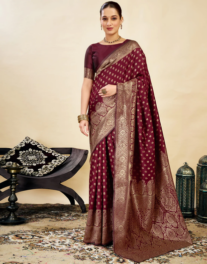 Elegant Banarasi Silk Blend Saree with Woven Design and Unstitched Blouse