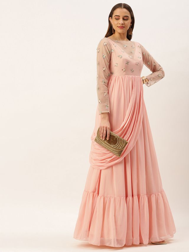 Bollywood Vogue Ready To Wear White Net Embroidered Peach Georgette Gown
