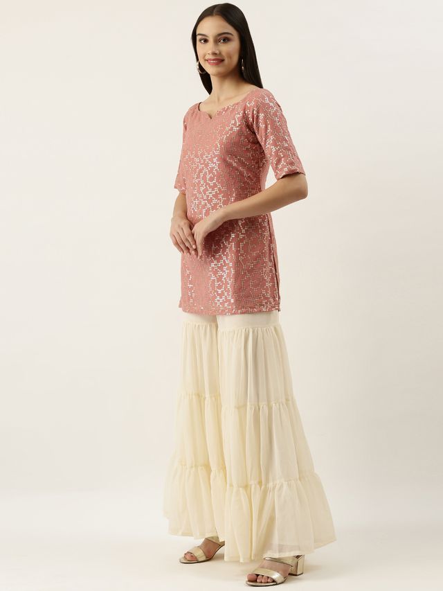 Bollywood Vogue Ready To Wear Pink N Off White Embroidered Sharara Suit