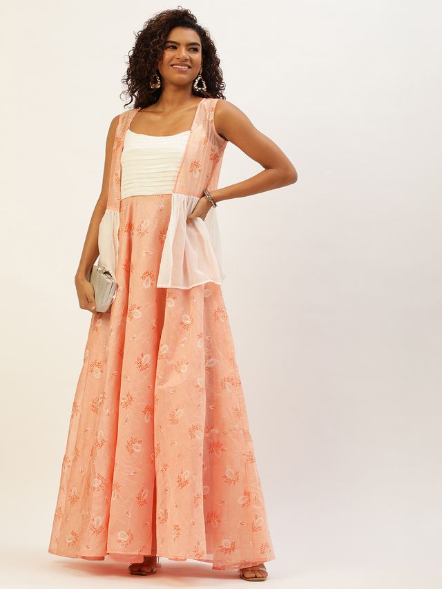 Bollywood Vogue Ready To Wear Off White N Peach Foil Printed Gown