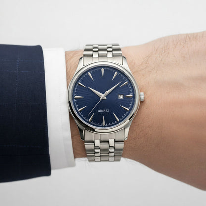 Men’s Stainless Steel Analog Watch with Blue Dial, Quartz Movement, Date Display & Metal Strap LOREM