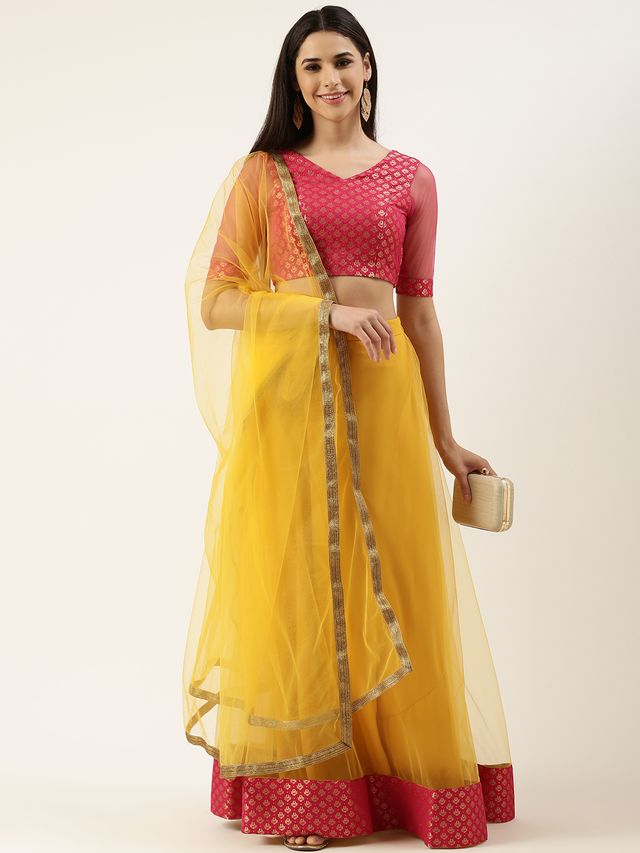 Bollywood Vogue Ready To Wear Pink Jacquard Art Silk N Yellow Net Lehenga
