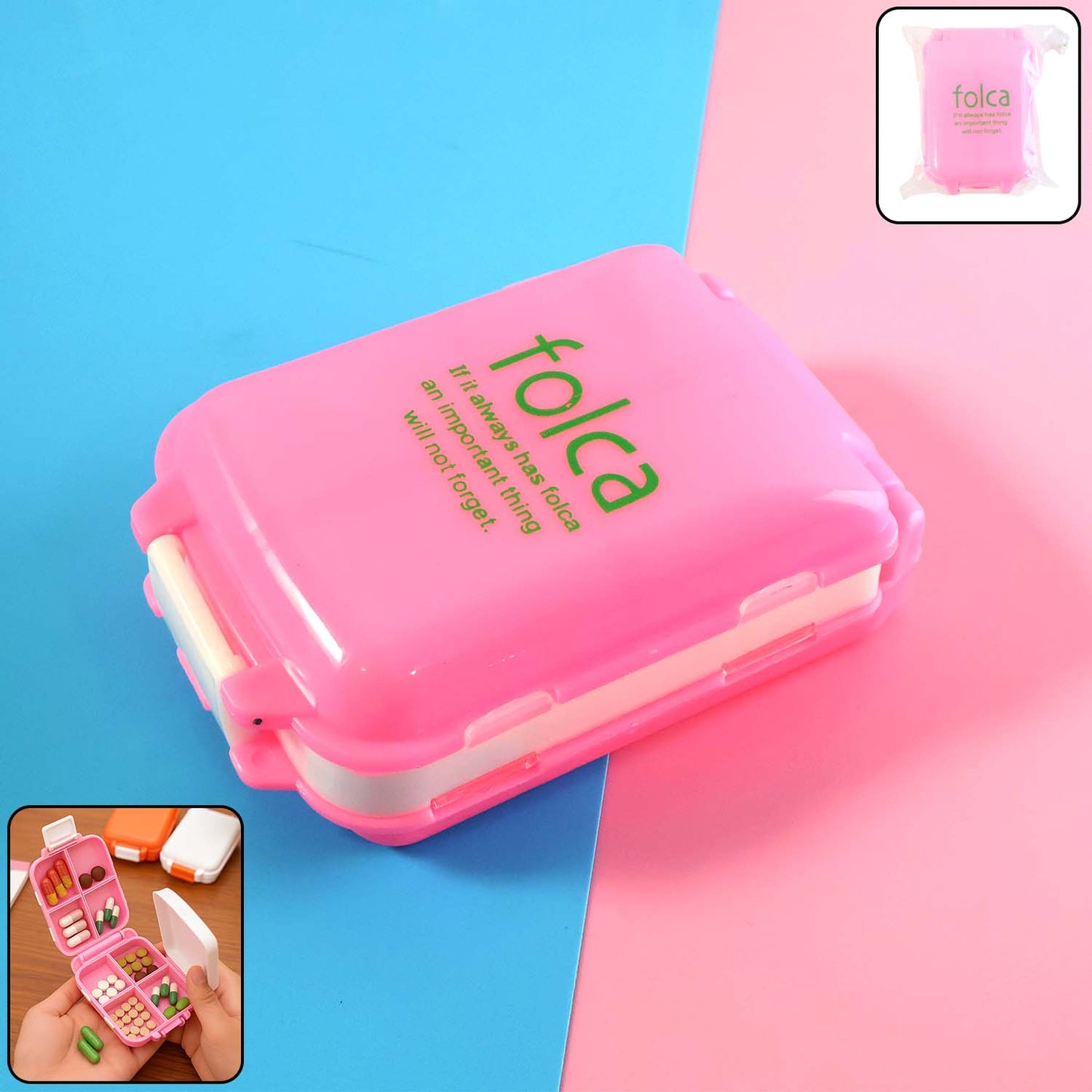 Portable Pink Dual-sided Pill Organizer Box 8-Compartment Pocket Medicine Case with Secure Snap Locks – Moisture-Resistant(1 Pc)