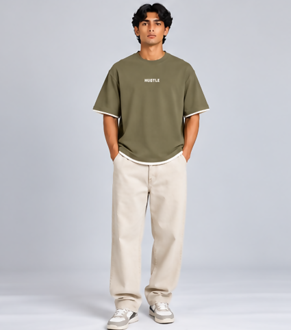 HUSTLE Essentials Men's Crew Neck Oversized T-Shirt – Olive Khaki(Oversized fit)