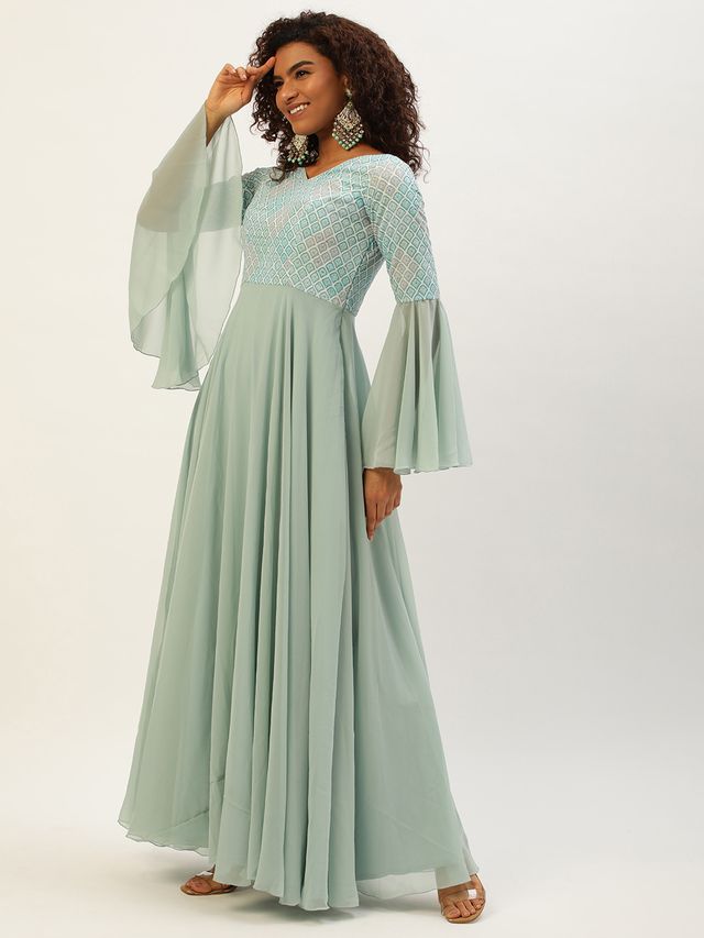 Bollywood Vogue Ready To Wear Multicolored Bell Sleeves Embroidered Gown
