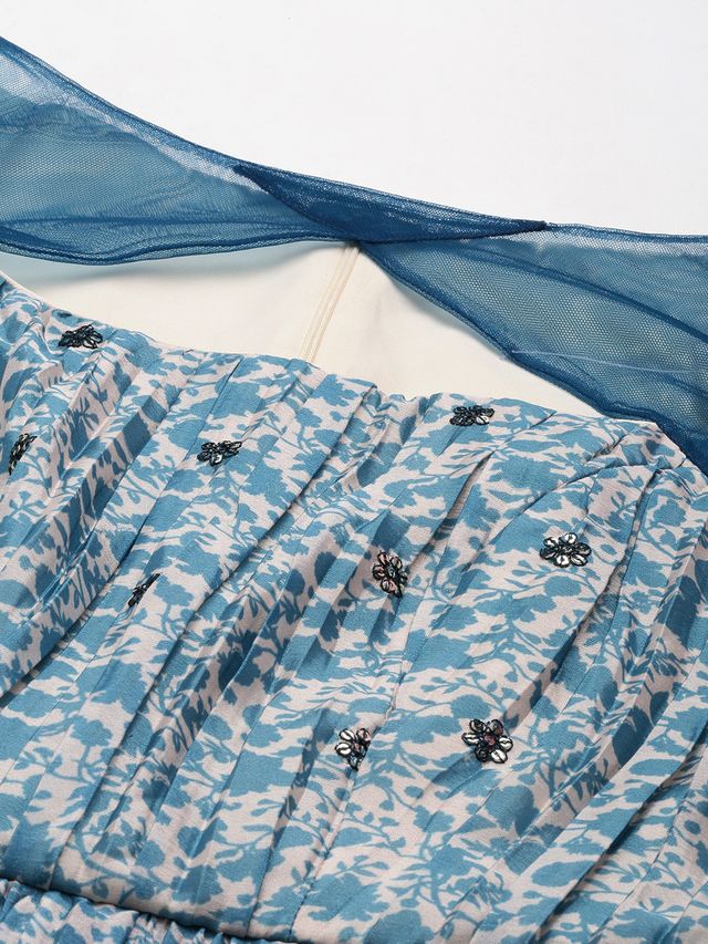 Bollywood Vogue Ready To Wear Cream N Blue Chinon Printed Maxi Dress