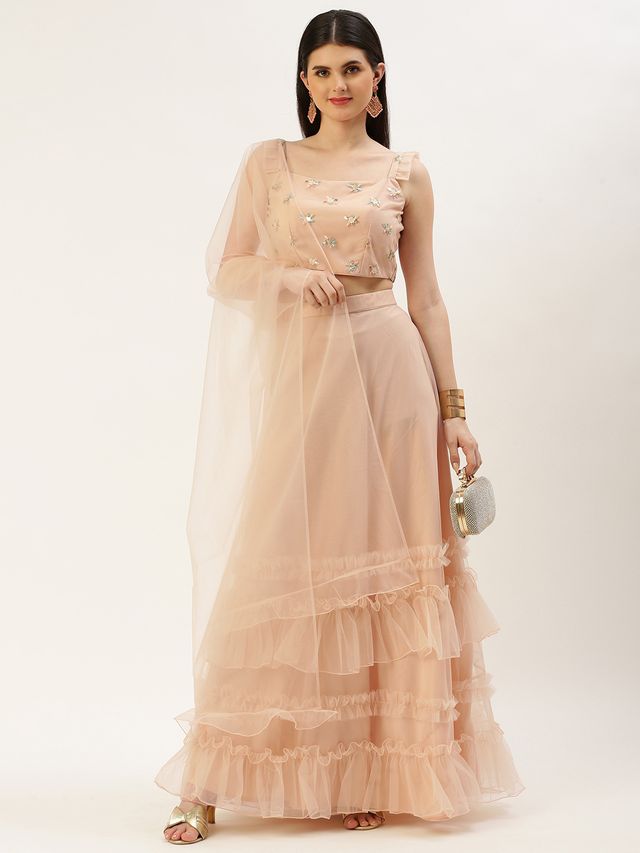 Bollywood Vogue Ready To Wear Light Peach Net Sequins Embroidered Lehenga
