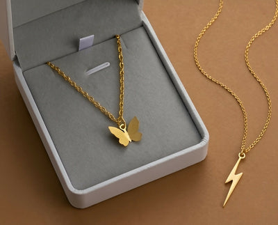 Minimalist Gold-Tone Necklace Set with Lightning Bolt Pendant & Delicate Chain (Set of 2)