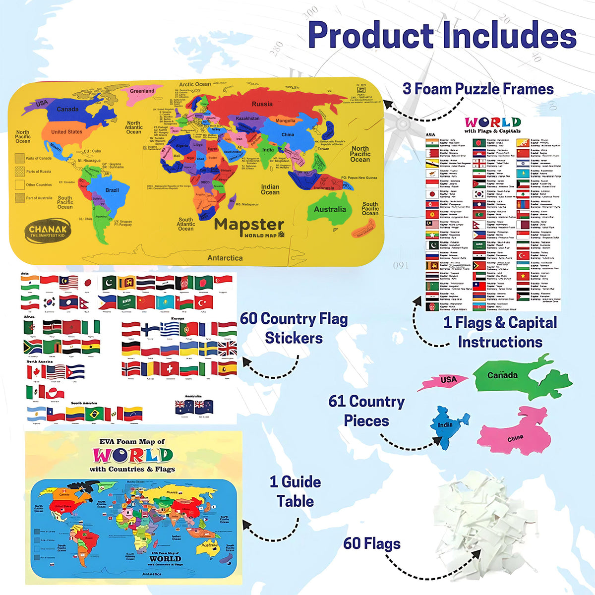 Aditi Mapster World Map EVA Foam Puzzle Set with Detachable Country Pieces, Flag Matching Chart, and Capital Learning Guide
