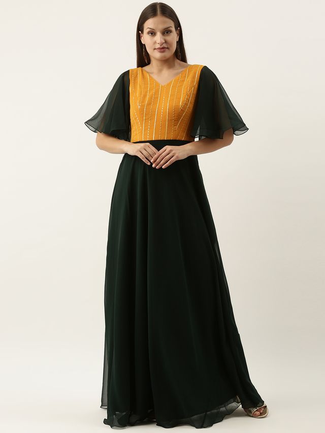 Bollywood Vogue Ready To Wear Mustard Embroidered N Turquoise Green Gown