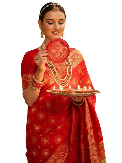 AXONIT Jacquard Silk Saree – Golden Zari Peacock Design, Festive Wear