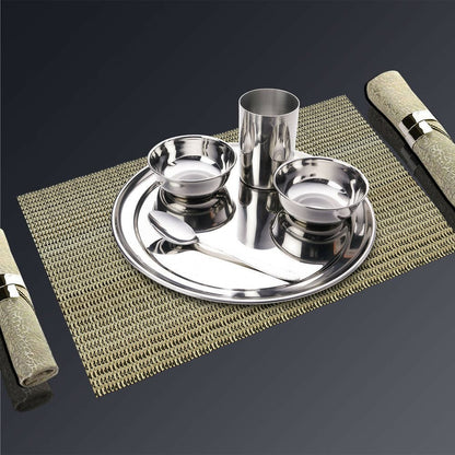 Stainless steel thali set premium (Contains: bhojan plate, spoon, 2 cups, and one glass )