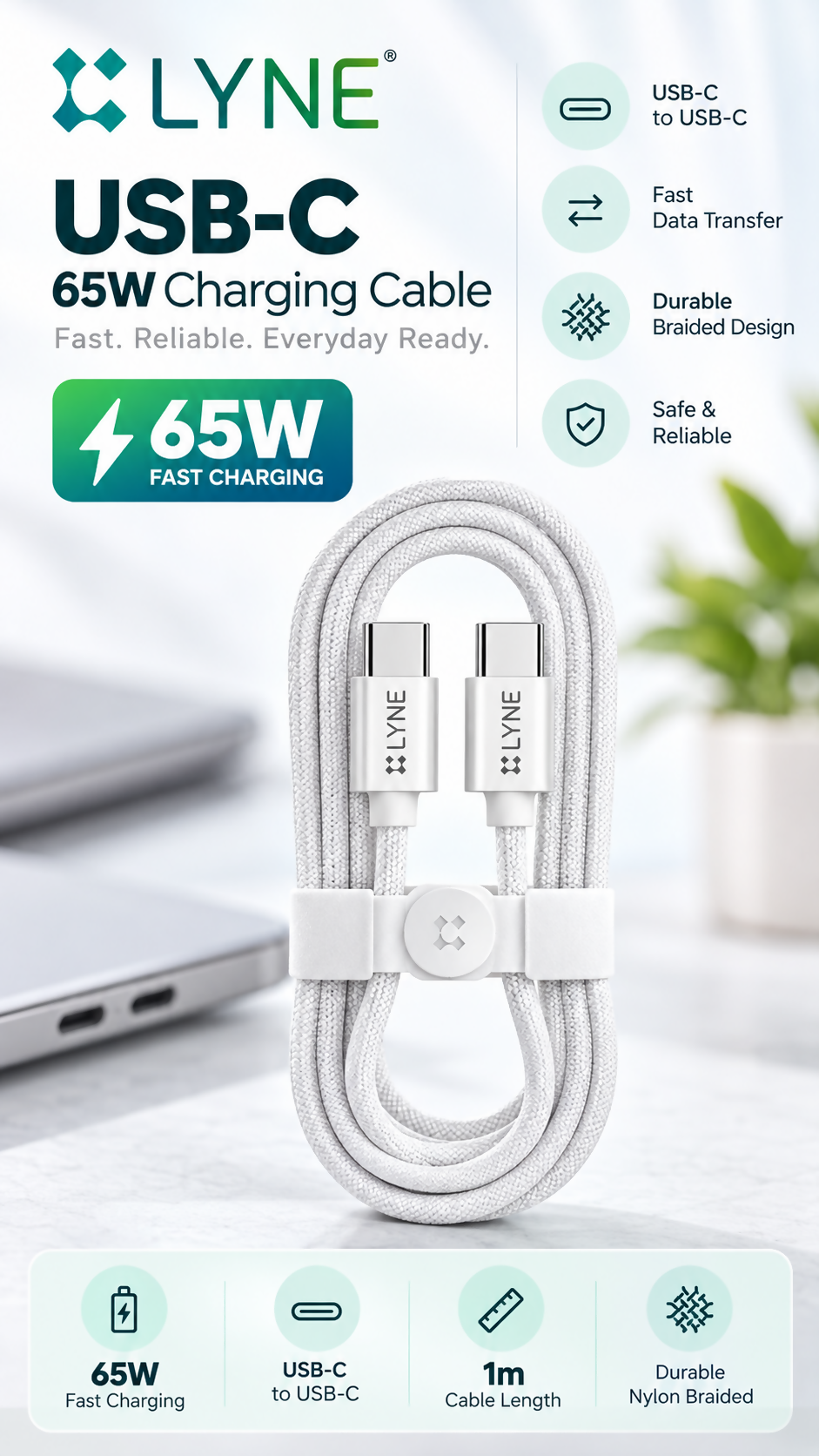 LYNE Flexy 65C Startup-34 65W USB-C to USB-C Fast Charging Cable – 1 Metre, White