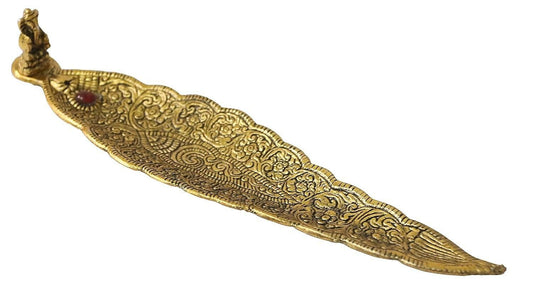 Agarbatti Holder Gold Plated Leaf Pattern with Small Ganesh - HalfPe