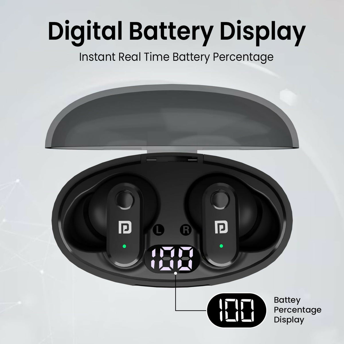 Portronics Harmonics S16 TWS Wireless Earbuds with 24H Playtime, Bluetooth 5.3, Gaming Mode & LED Display – Black