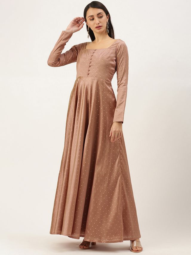 Bollywood Vogue Ready To Wear Peach Jacquard Fit N Flare Dress