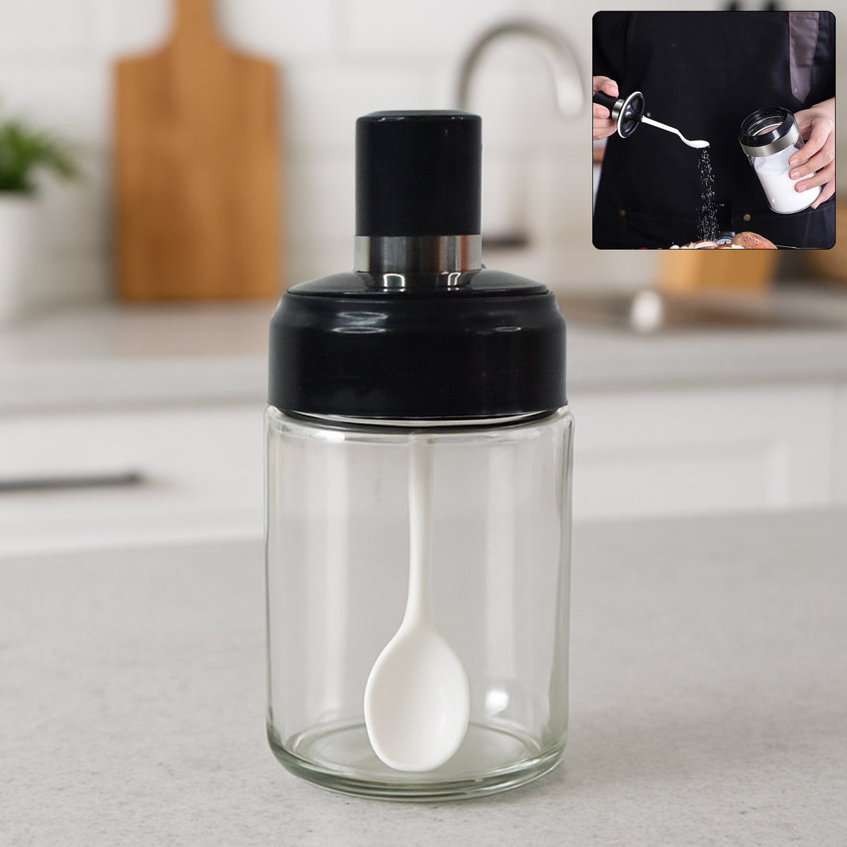 Transparent Glass Storage Jar With Built-in Spoon Approx 250ml HP DD