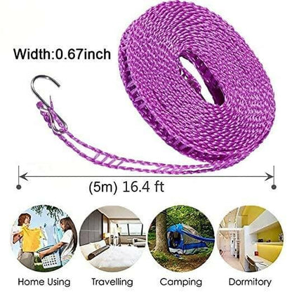 Anti-Slip Clothes Washing Line Drying Nylon Rope with Hooks (5mtr) - HalfPe