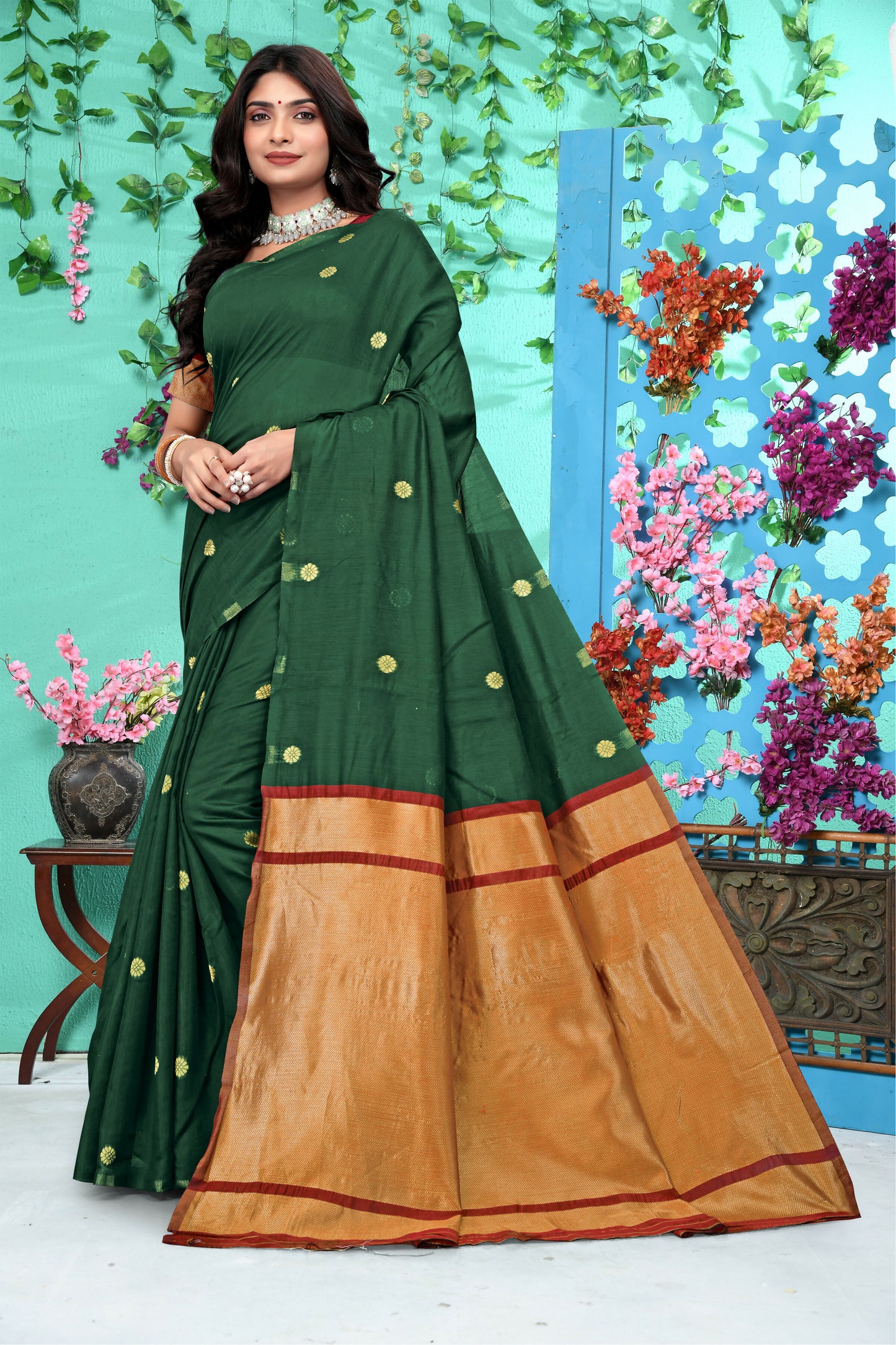 AXONIT Emerald Heritage Emerald Green Jacquard Silk Saree with Gold Zari