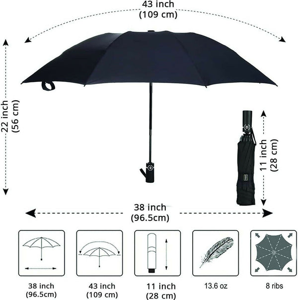 Auto Open Close Umbrella – Compact Black Travel Rain Protection with Ergonomic Handle, Wind‑Resistant Canopy, Protective Case & Carry Sleeve