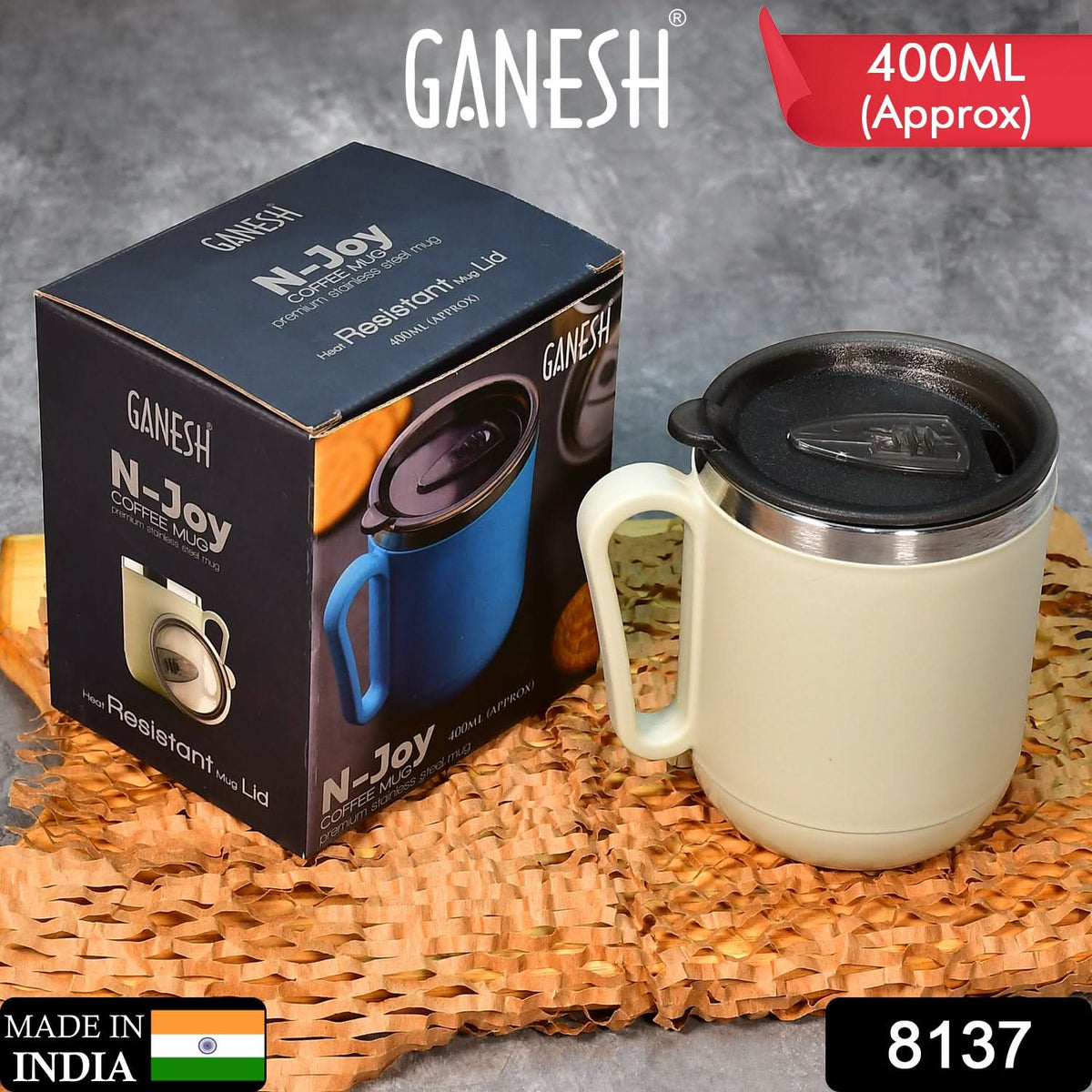 Ganesh Premium Stainless Steel Coffee Mug With Heat Resistant Mug Lid. Approx 400ml Mug. HP DD