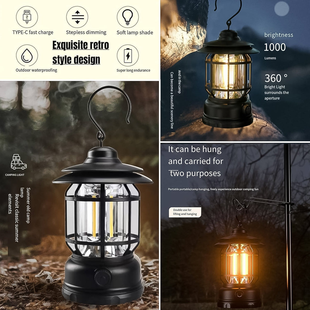 Led Camping Light Retro Style Lighting Battery Type-c Rechargeable (1 Pc) HP DD