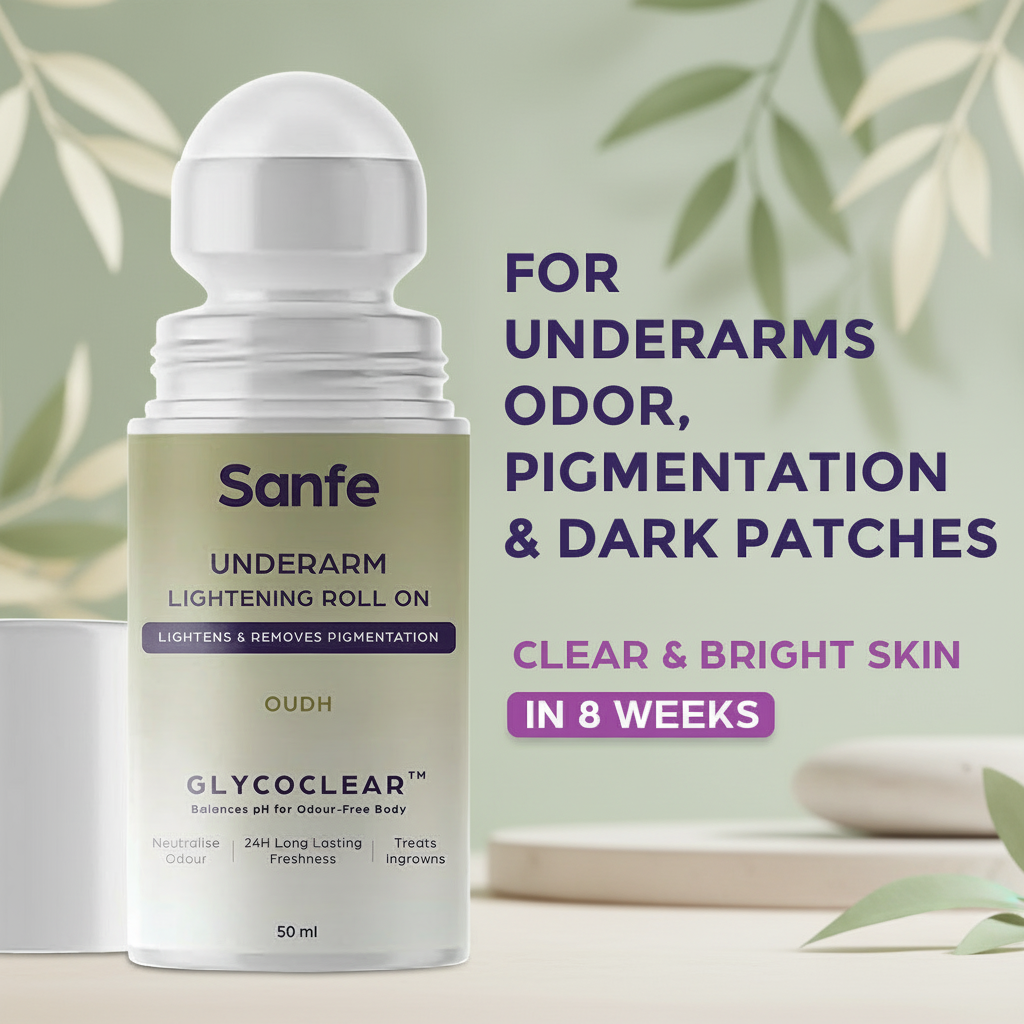 Sanfe Underarm Lightening Roll On (Oudh) with 5% AHA, Glycolic Acid & Salicylic acid For Underarms Lightens & Remove Pigmentation Deodorant for Underarms Glycoclear Technology Men & Women